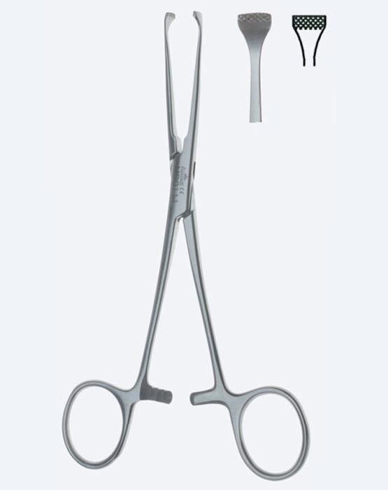 Зажими Allis для захоплення кишечника і тканин, прямі, з перехресною щелепою, загальна довжина 155 мм. Бренд - Asanus Medizintechnik Gmb, Німеччина